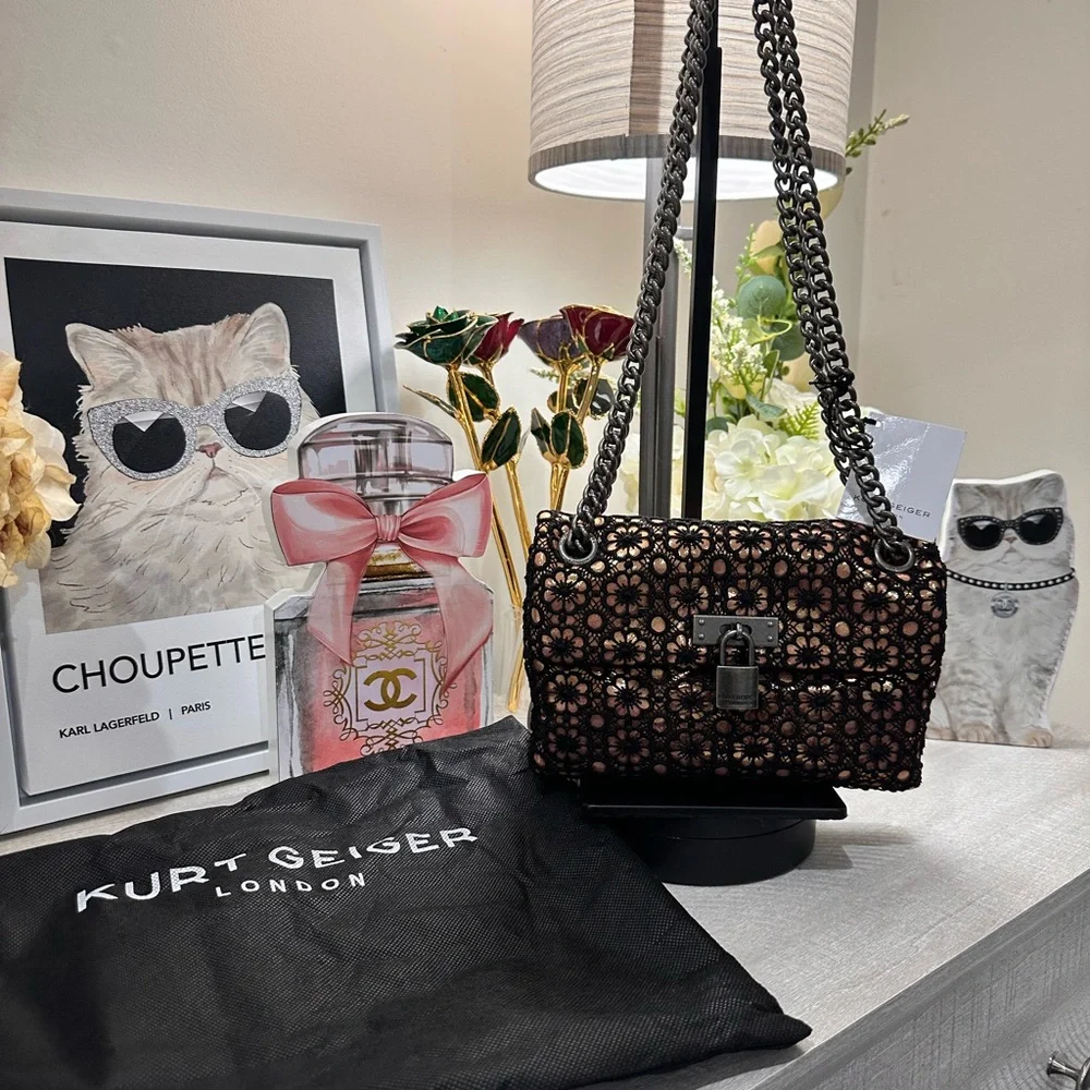 Kurt Geiger NWT Metallic with Black Crochet Overlay and Dustbag